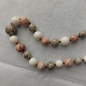 30" natural stone necklace in soft earthtones.  Greens, ivory, tan and brown